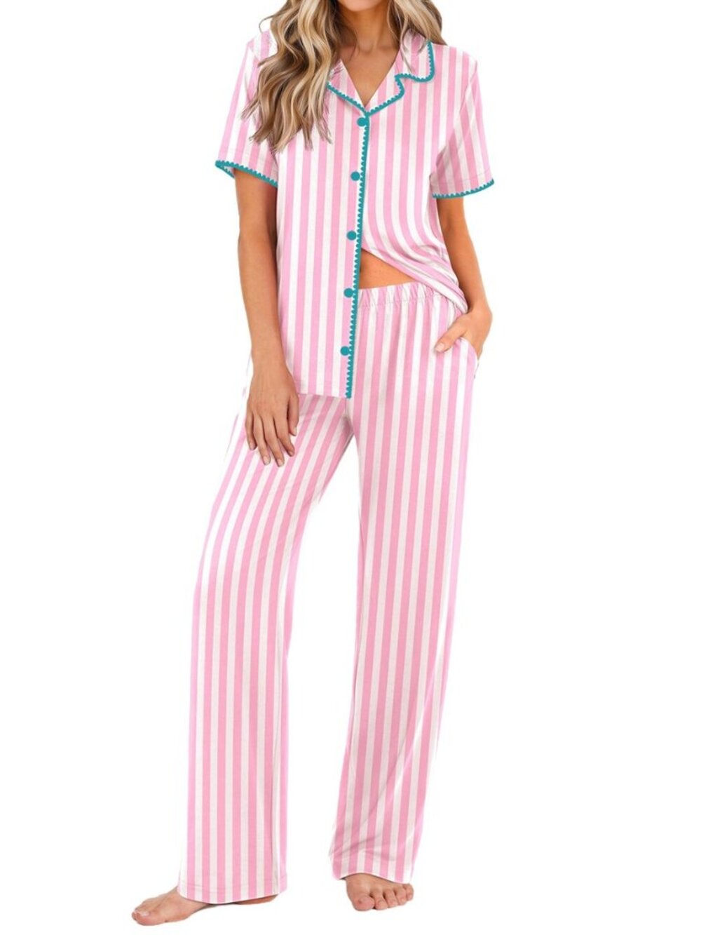 Womens Pajamas Set Button Down Loungewear Short Sleeve Pants Pjs